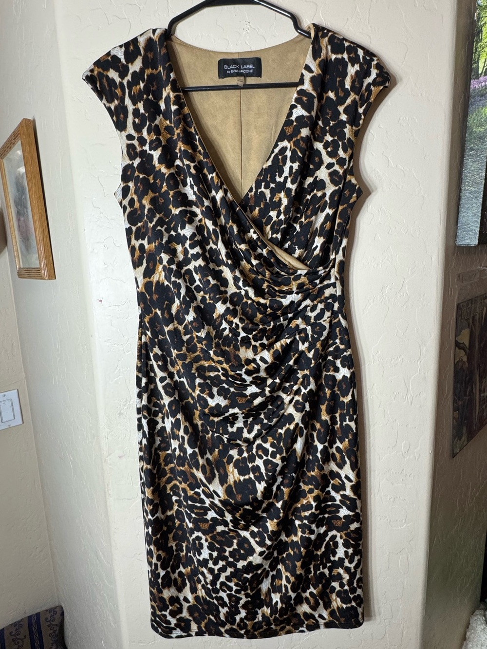 Black Label Evan-Picone Leopard Print Ruched Sheath Dress Cowl Neck 6